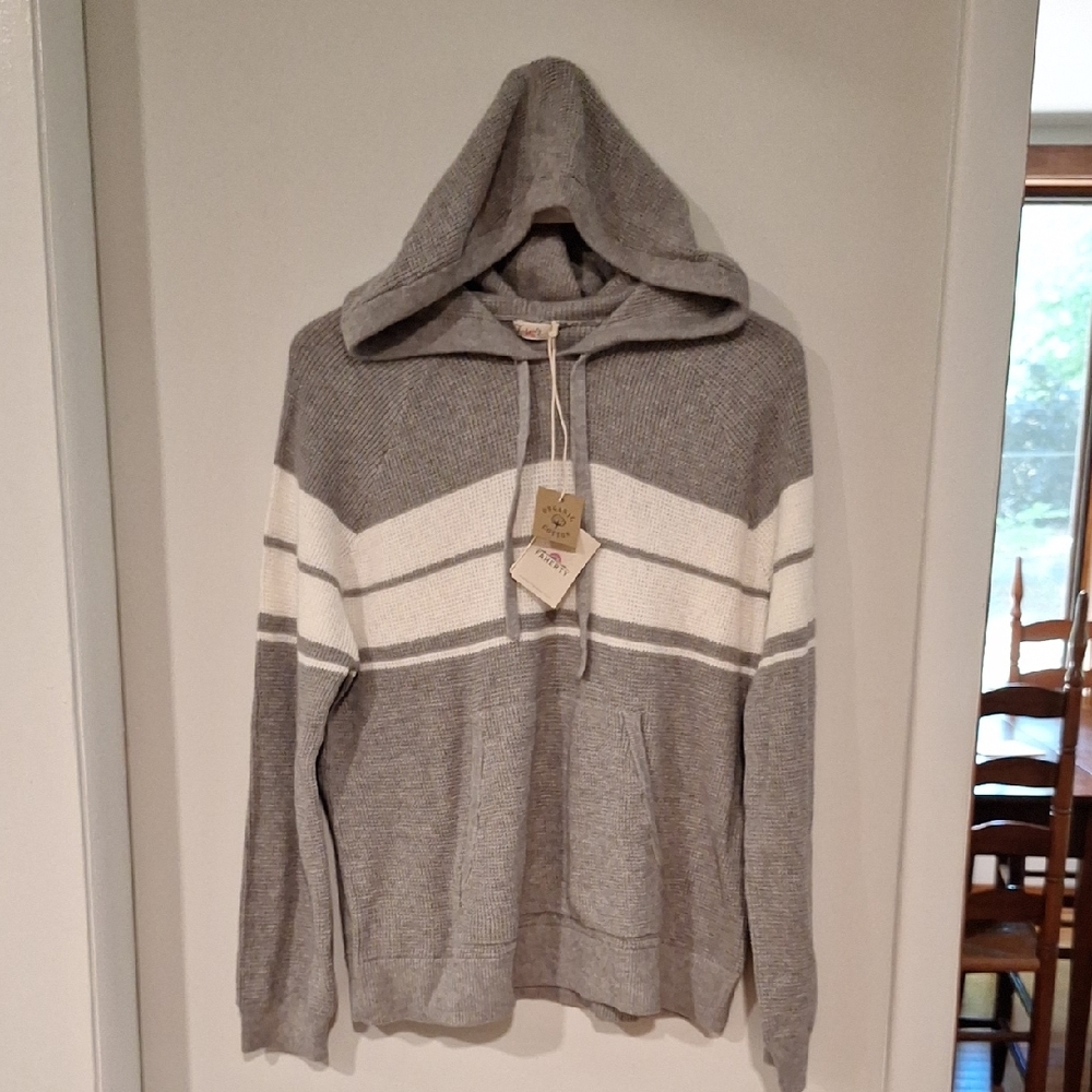 Faherty Striped Gray and White Hooded Knit Sweater